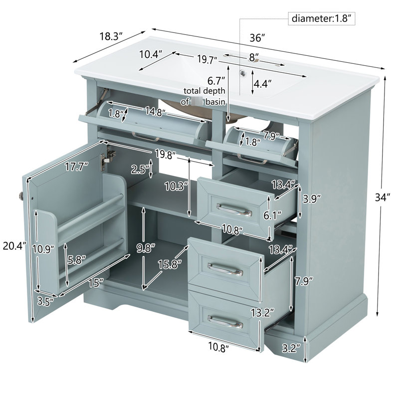 Meuble-lavabo de 36 po au fini gris moderne, lavabo encastré en céramique, charnières à fermeture en douceur, 2 tiroirs basculants, bois massif coulissant + pour plus de durabilité et de rangement 36