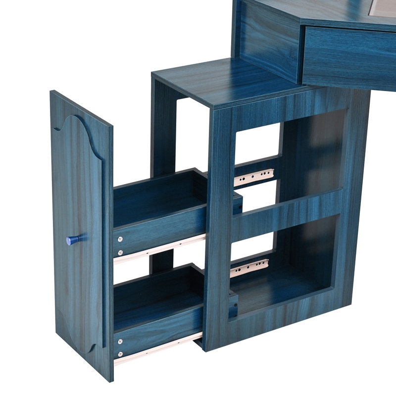Corner Makeup Vanity With Stool And Outlets(No Mirror), Blue