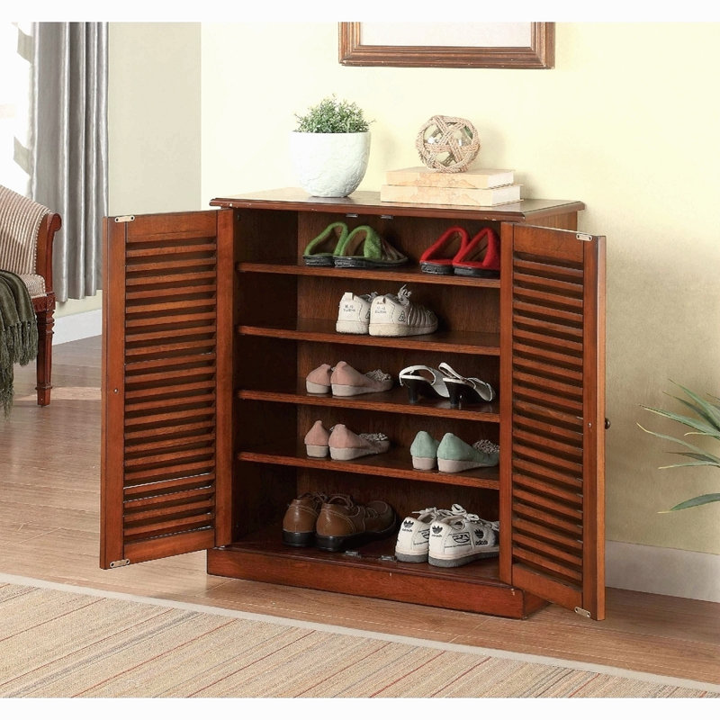Modern Transitional Design 1Pc Shoe Cabinet Oak Finish Adjustable Shelves Louver Design Doors Home Furniture Shoe Rack, Oak