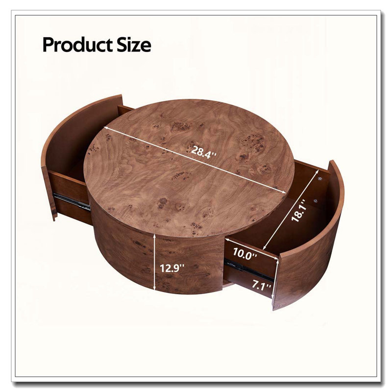 Table basse rotative en bois avec 2 tiroirs, plateau tournant à 360 °