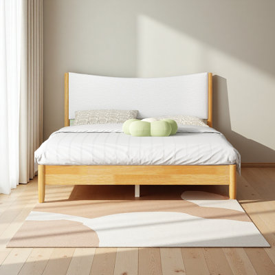 Queen Size, Solid Rubber Wooden Bed With Boucle Upholstered Headboard, Enhanced By Support Feet