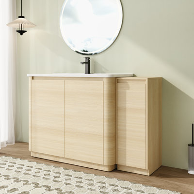 Ensemble de meuble-lavabo autoportant avec lavabo en céramique et petite armoire de rangement 48 po à 92 po Riven, ensemble de meuble-lavabo en contreplaqué de chêne blanc américain avec portes à fermeture douce et tablettes réglables