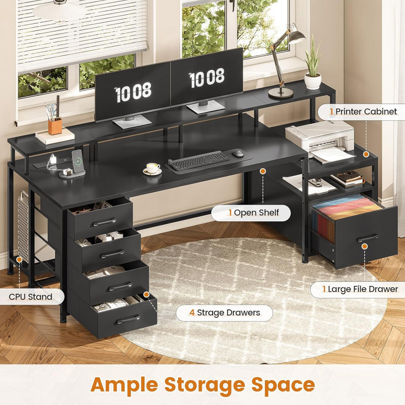 75'' Large Computer Desk with File Drawer & Power Outlet Led Lights, Black