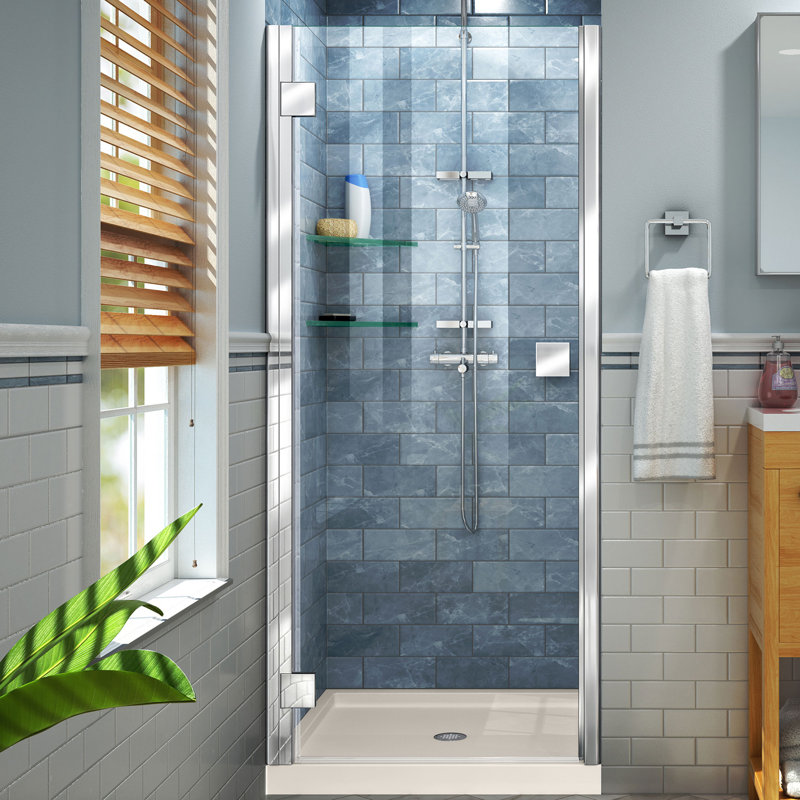 DreamLine Lumen 32 inch D x 42 inch W x 74 3/4 inch H Semi-Frameless Hinged Shower Door in Chrome with Center Drain Biscuit Shower Base Kit