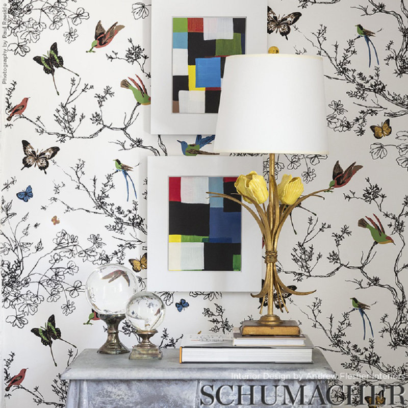 Tissu oiseaux et papillons, Multicolore / blanc