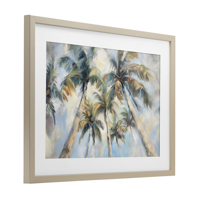 «Swaying Palms with Soft Clouds», reproduction sous verre encadrée, design par Ramona Murdock, H 14 po x l 20 po