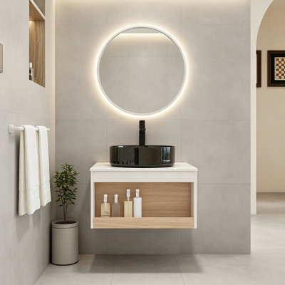 Lavabo vasque de salle de bain en marbre 24 po, meuble-lavabo mural avec tablette ouverte, finition blanche avec décor en bois, conception moderne peu encombrante (livré dans 2 boîtes)