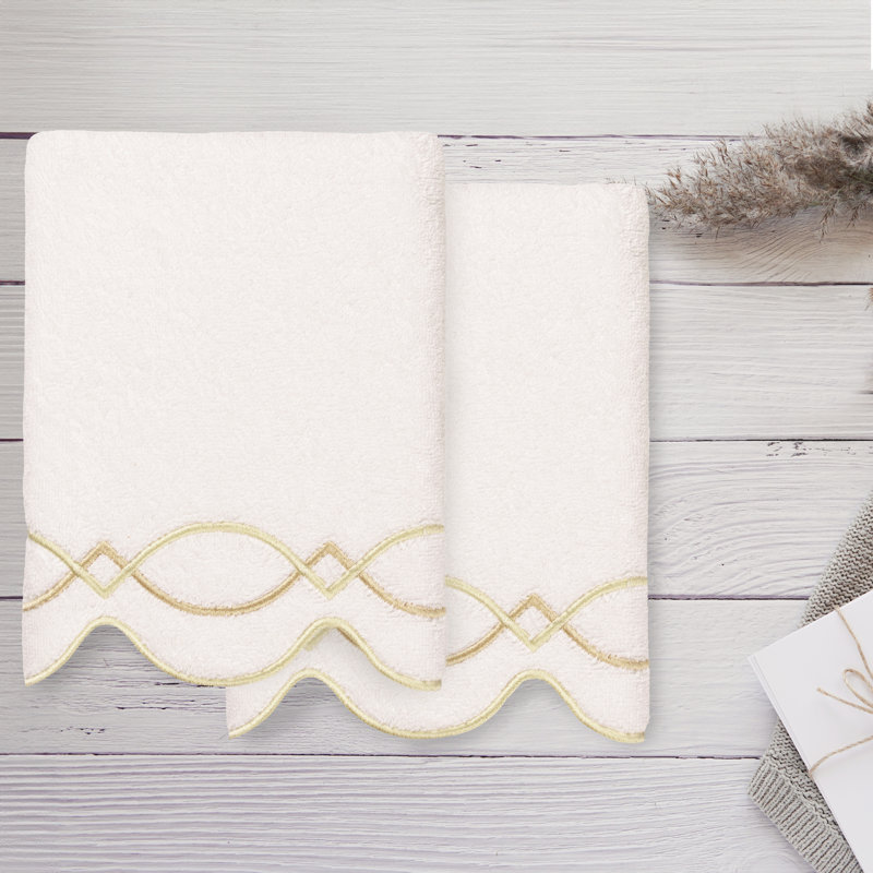  100% Turkish Cotton DIAMOND CHAIN Scallop 2PC Embellished Hand Towel Set, Hand Towel - 2 Pack, White/Beige