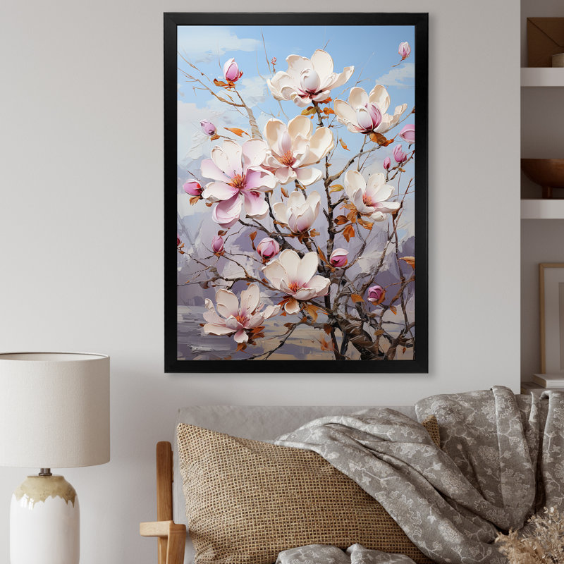 «Magnolia Bliss» rose et blanc sur toile, Cadre simple noir, H 40 po x l 30 po x P 1,5 po