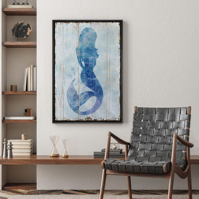 Mermaid " Blue Mermaid Silhouette On Wood Panels Fantasy & Sci-Fi Ocean Illustrations Modern Art Rustic "