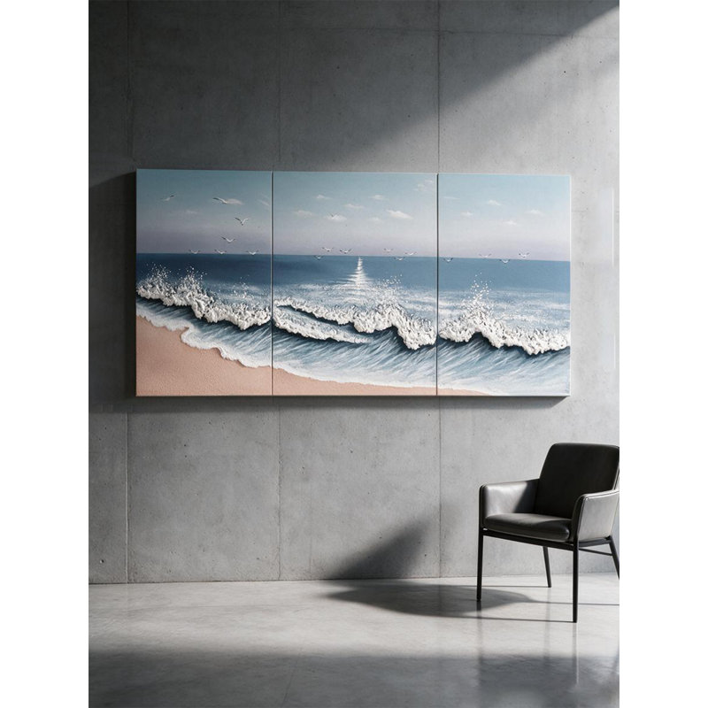 Triptyque sur toile texturé 3D en relief représentant une plage au bord de la mer