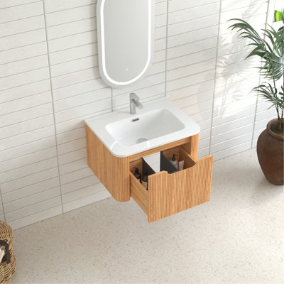 24" Wall-Mounted Floating Bathroom Vanity Pre-Assembled Curved Edge Storage Bathroom Cabinet In Natural Walnut Colour With White Ceramic Basin