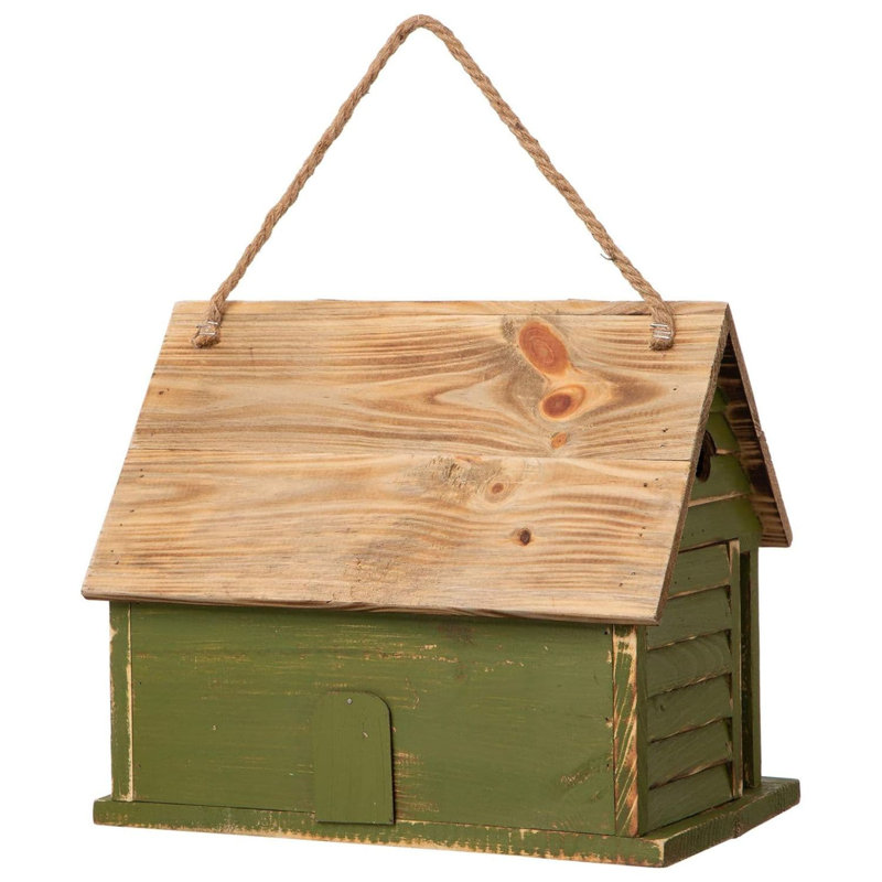 14.25" Green and Natural Wood Hanging Birdhouse