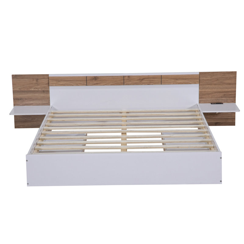 Lit plateforme avec tête de lit, tiroirs, tablettes, ports et prises USB
