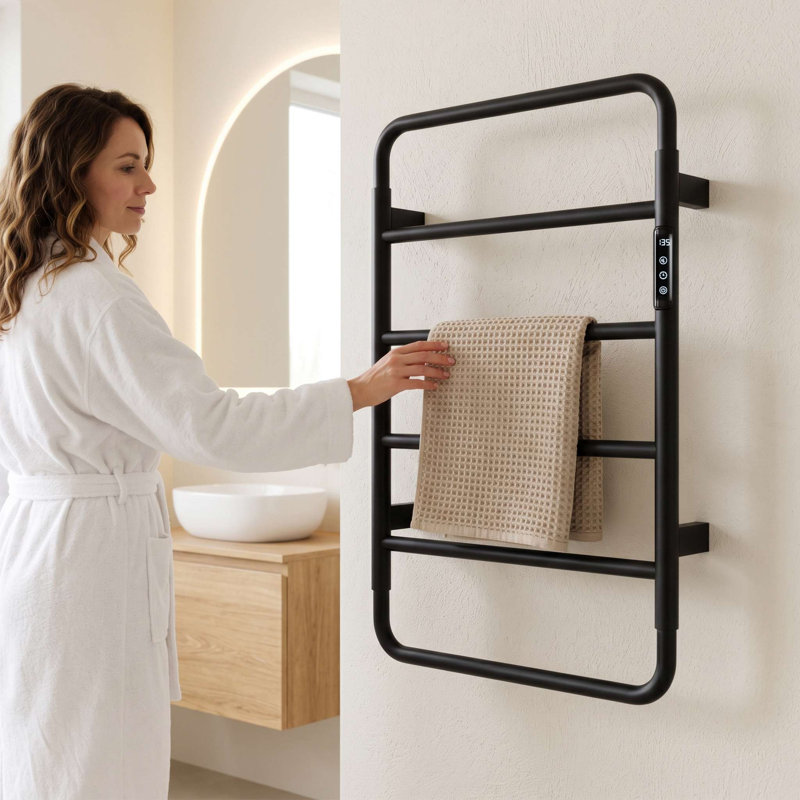 Chauffe-serviettes électrique à 6 barres avec minuterie, Noir mat
