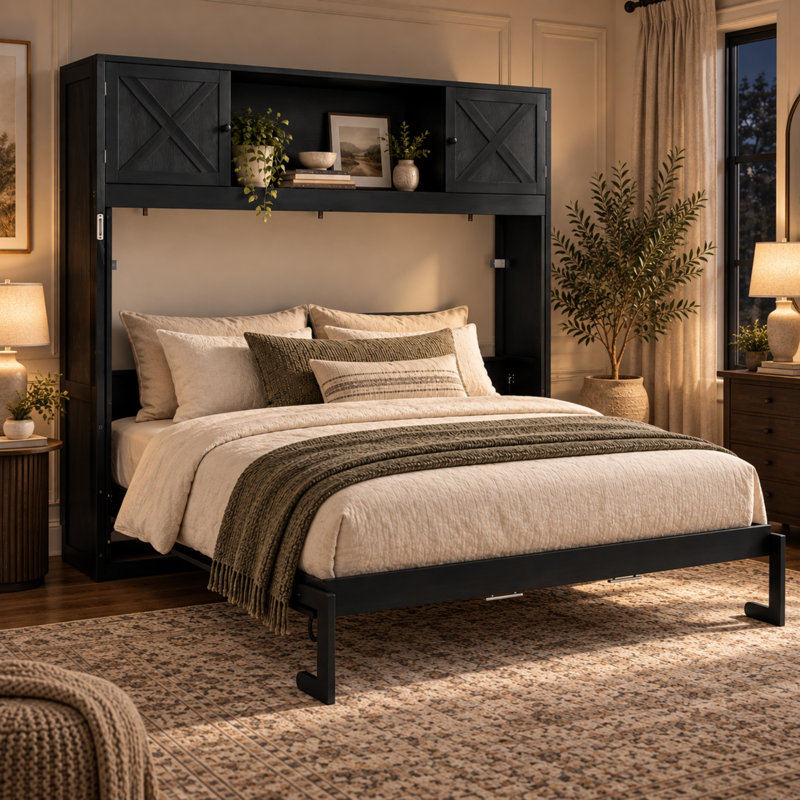 Lit escamotable VARELON Queen Size avec 3 placards de rangement, lit mural pliable gain de place avec design en X, bois massif et MDF, capacité de 272 kg, sommier non requis