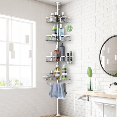 Silver Stainless Steel Tension Pole Shower Caddy with Toothpaste Box, Adjustable Height Corner Organizer for Bathtub and Shower Single