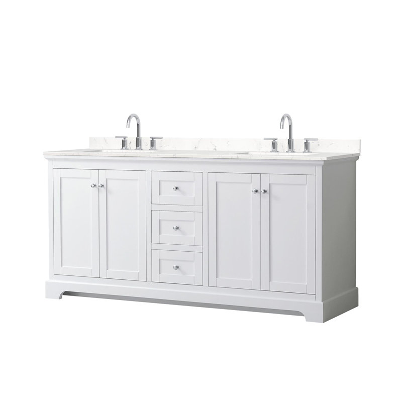 Meuble-lavabo double 72 po Avery en blanc, comptoir en marbre de culture blanc, lavabos carrés encastrés (3 trous), garniture en chrome poli