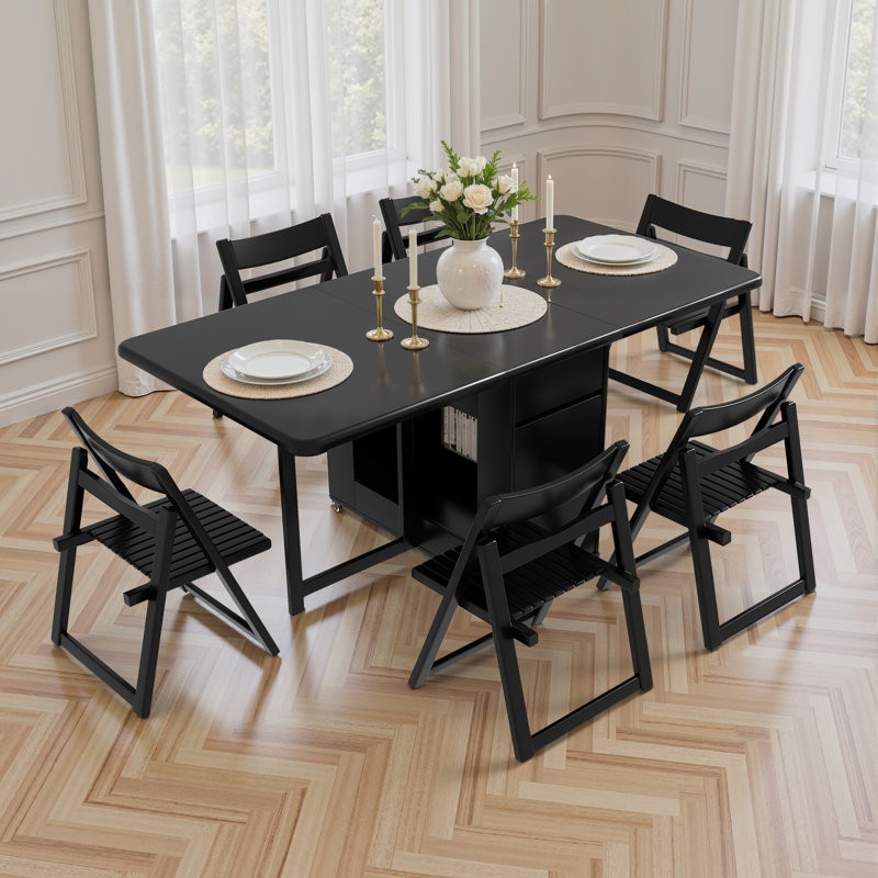 Folding Drop Leaf Dining Table and Chairs, Fully Assembled Solid Wood Space-Saving Kitchen Table and Chairs Set with Storage & Lockable Wheels