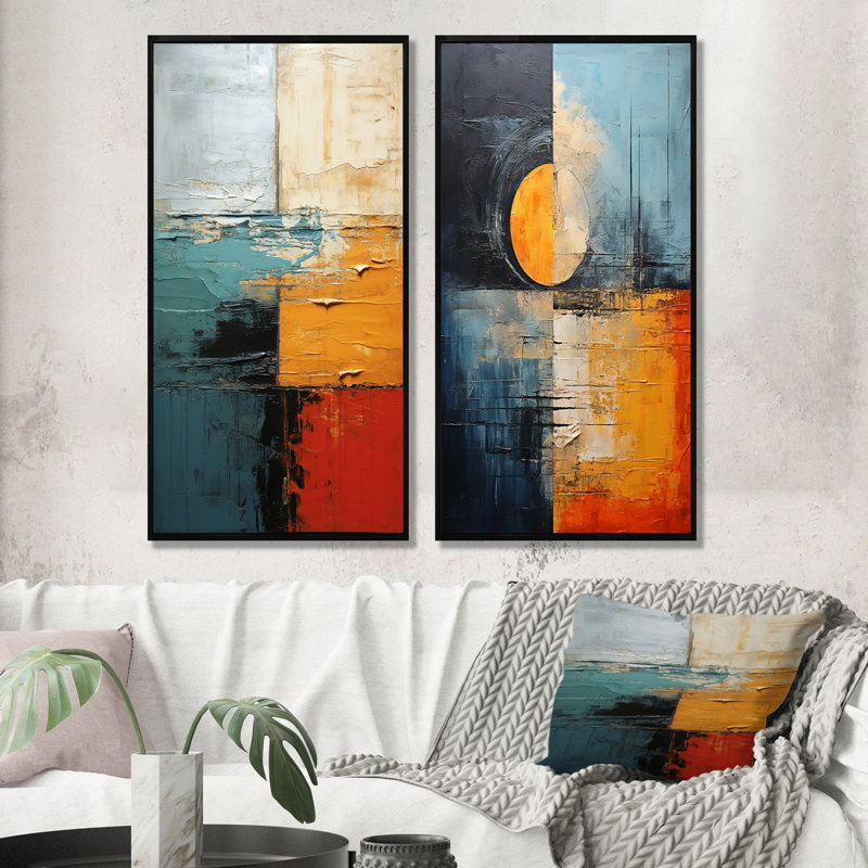 «Red and Blue Abstracted Taste - Abstract Shapes», ensemble de 2 reproductions d'art mural, Cadre noir, H 32 po x l 33 po
