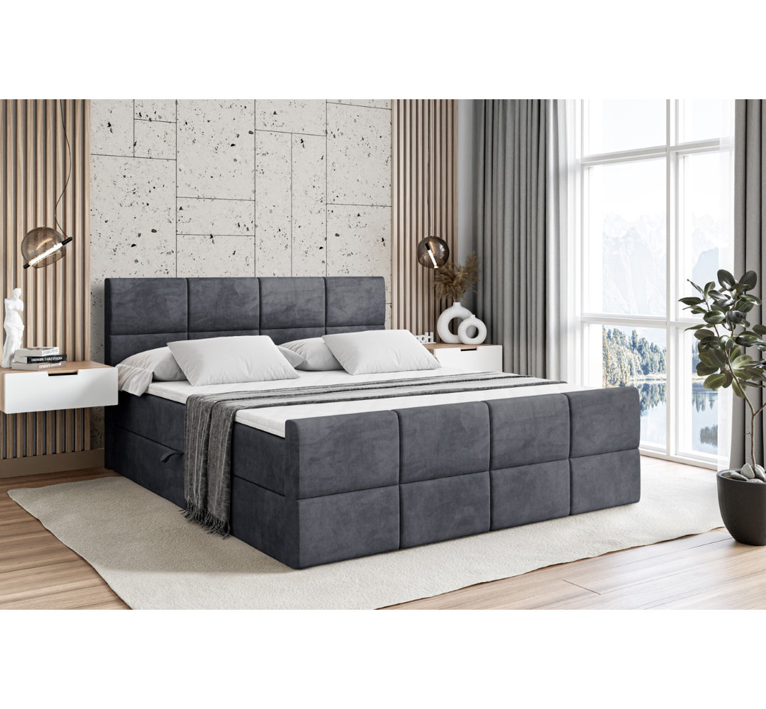 Boxspringbett Arevalo mit H3 Bonell-Federkernmatratze, Topper und Bettkasten