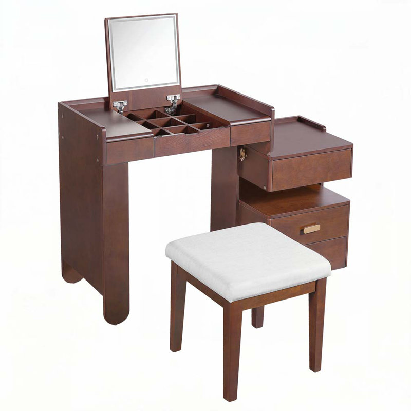 Makeup Vanity Desk with Flip-Top Mirror, LED Lighting, Walnut