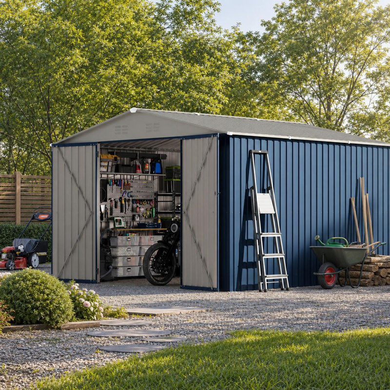 Abri de jardin métallique verrouillable 3 x 3 m (10 x 10 pi) résistant aux intempéries pour le rangement extérieur d'outils et de matériel de jardinage.