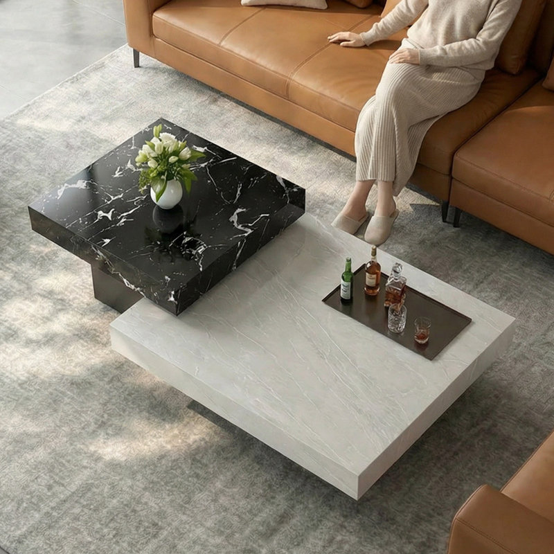 Luxury-Style Square Marble Coffee Table, 11.8" H x 43.3" L x 43.3" W