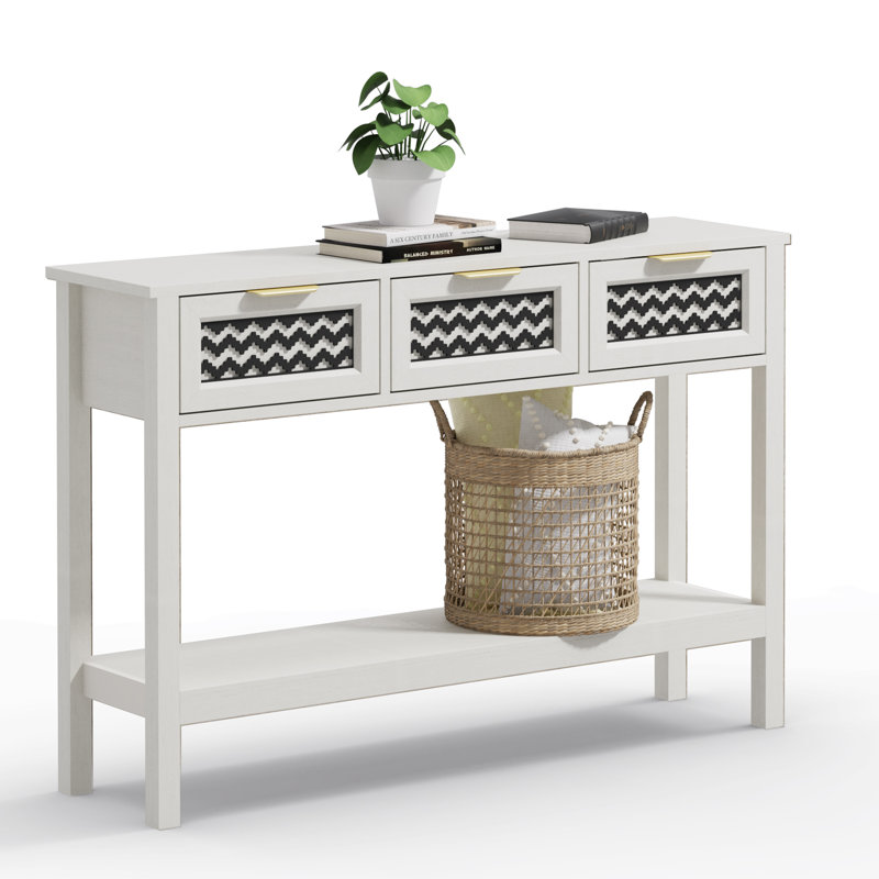 Table d'entrée, console avec 3 tiroirs et tablette ouverte pour le salon, le couloir, Blanc
