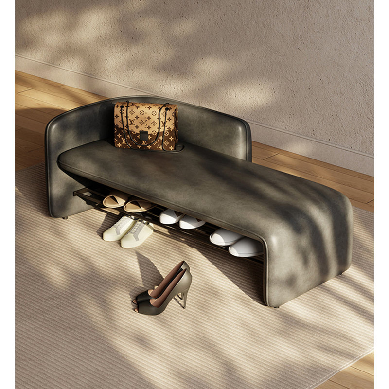 Banc de rangement en cuir massif et minimaliste, Gris