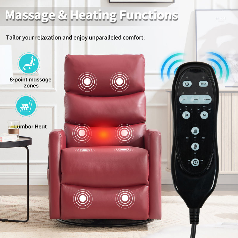 Fauteuil inclinable manuel à massage thermique avec chaise berçante et pivotante en tissu chauffant pour le salon, Rouge