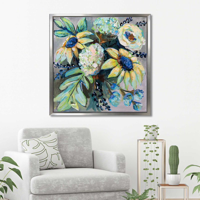 Sauge et tournesols II - Peinture, Cadre flottant argent, H 31,5 po x l 31,5 po x P 2 po