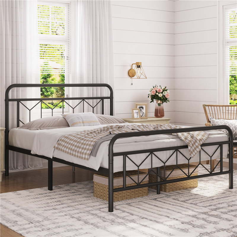 Aylena Vintage Metal Bed Frame with Diamond Pattern Headboard, Full/Double, Black
