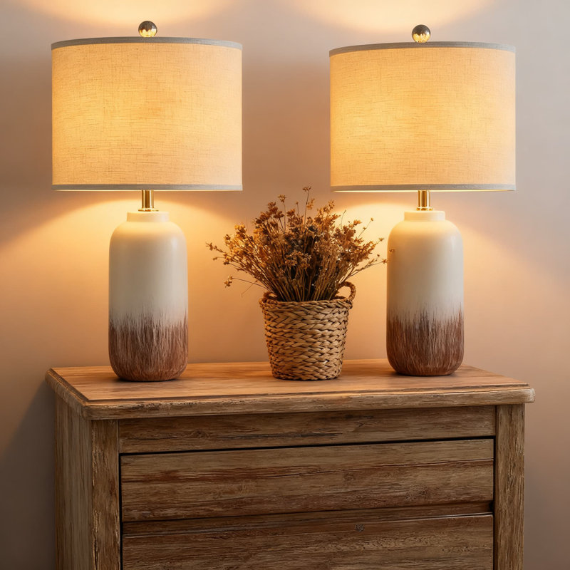 Ensemble de 2 lampes de table en céramique avec abat-jour blanc, lampes de chevet de campagne moderne de 24 pouces, éclairage de salon à intensité variable à 3 voies pour la chambre à coucher et le bureau