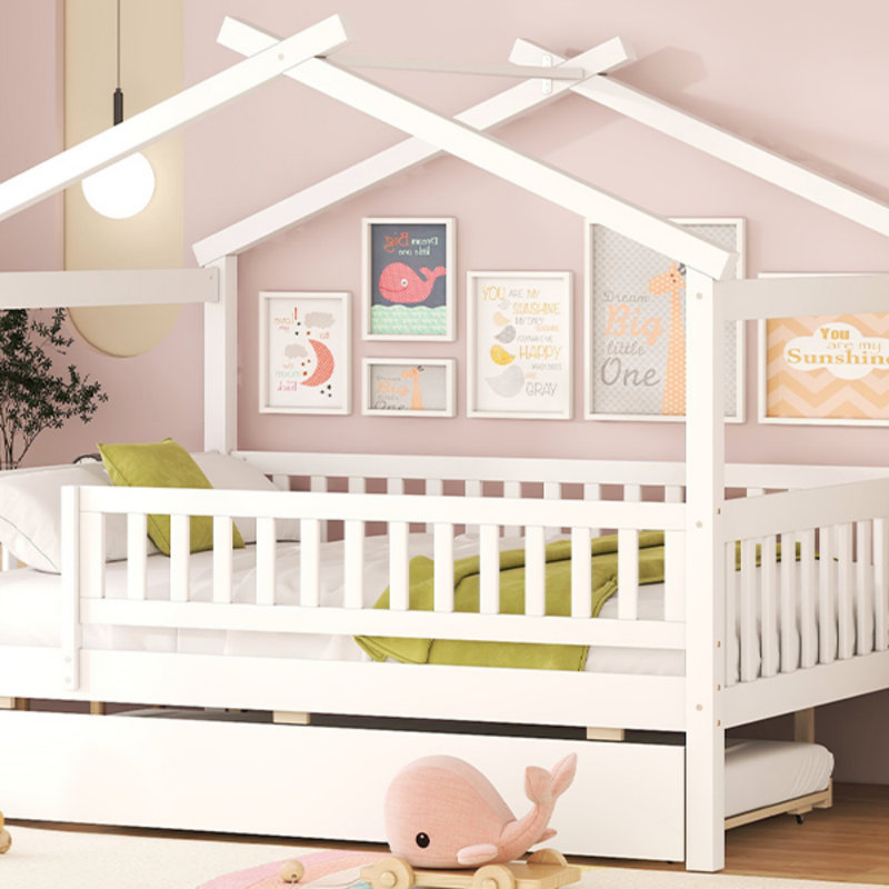 Zhayne Wooden House Bed with Trundle, Full, White