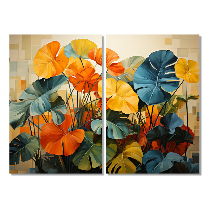 Orange, plantes tropicales vertes II - impressions sur toile orange, H 36 po x l 48 po, Toile tendue, Ne s’applique pas