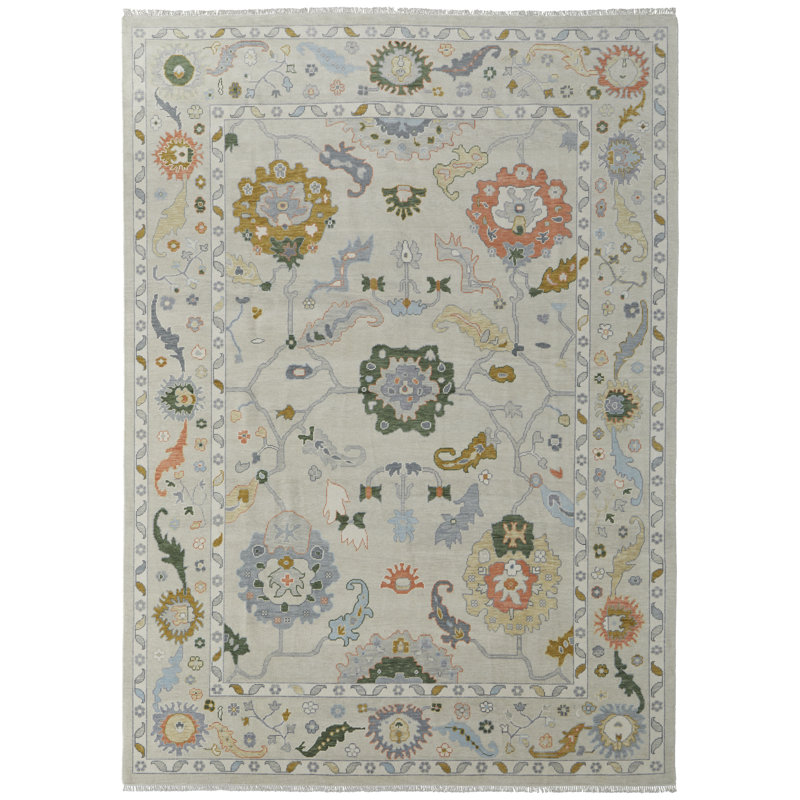 Karina Hand Knotted Wool Floral Area Rug in Gray/Light Blue/Ivory, Rectangle 7'9" x 9'9"