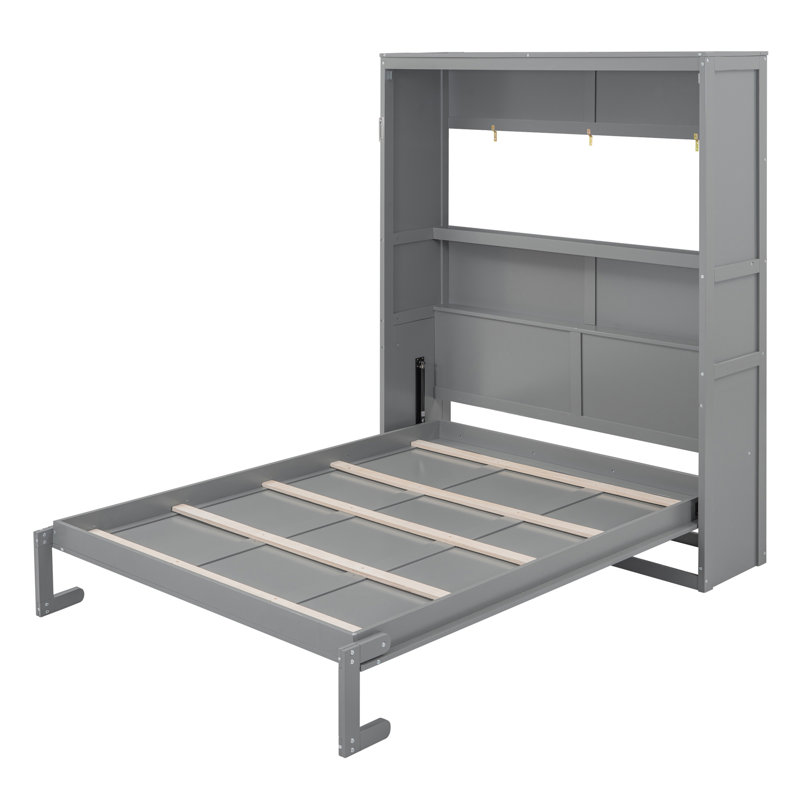 Grand lit escamotable mural avec tablettes, gris, Grey, Grand lit