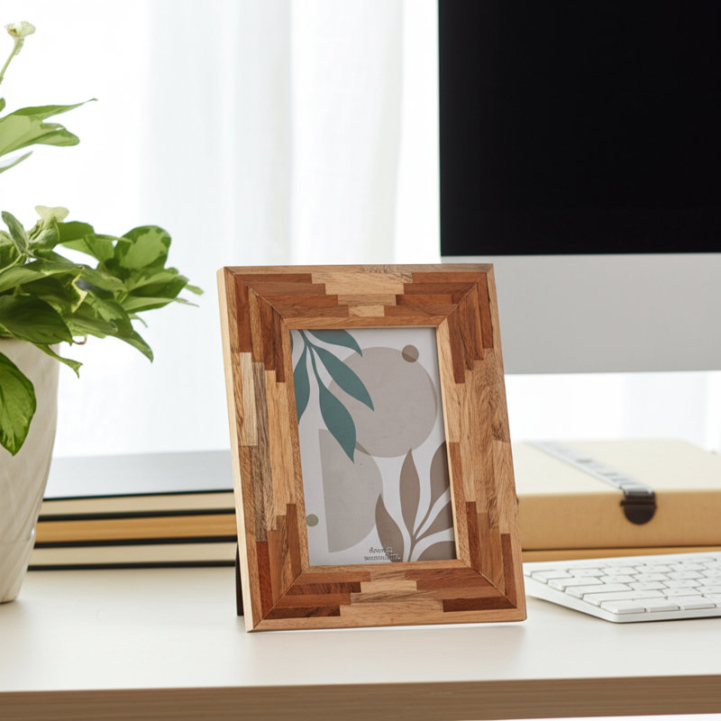 Cadre photo en bois fabriqué à la main Audry avec panneau en verre et détails géométriques, 4 po x 6 po