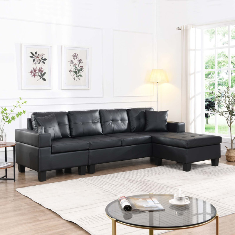 Modern Leather Sectional Sofa with Transformable Chaise Lounge