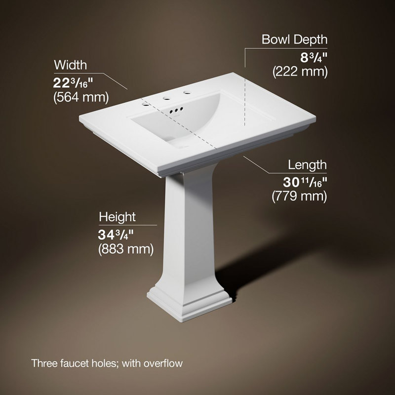 Memoirs® Stately 24" Pedestal Bathroom Sink with 4" Centerset Faucet Holes, White, 8" Centers, 34.75" H x 22.19" W x 30.69" L