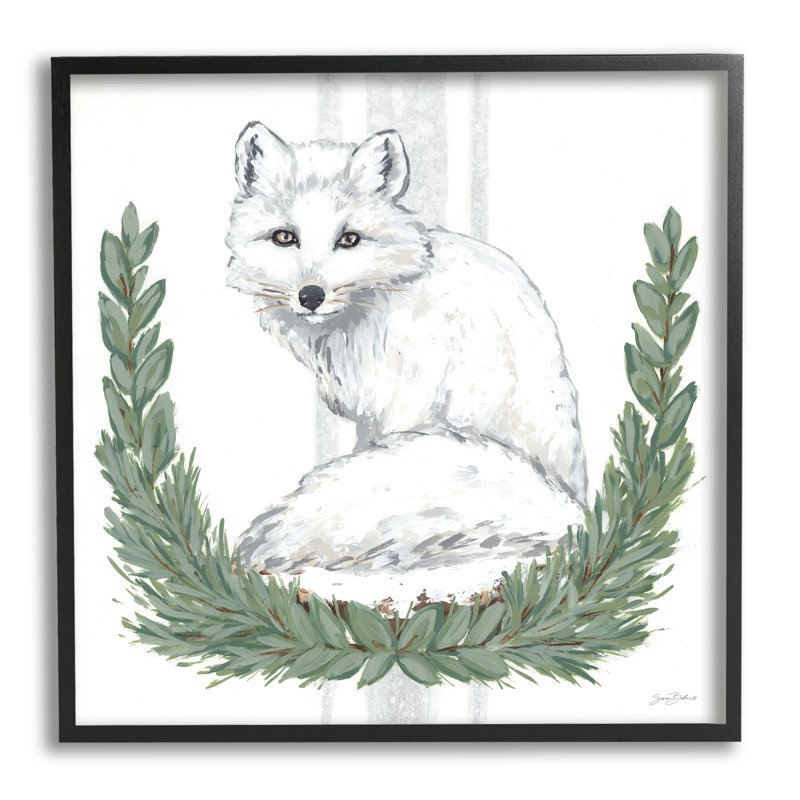 " White Arctic Fox Stripes Botanical Laurel Border " by Sara Baker, Midnight Black Framed Giclee, 12" W x 12" H