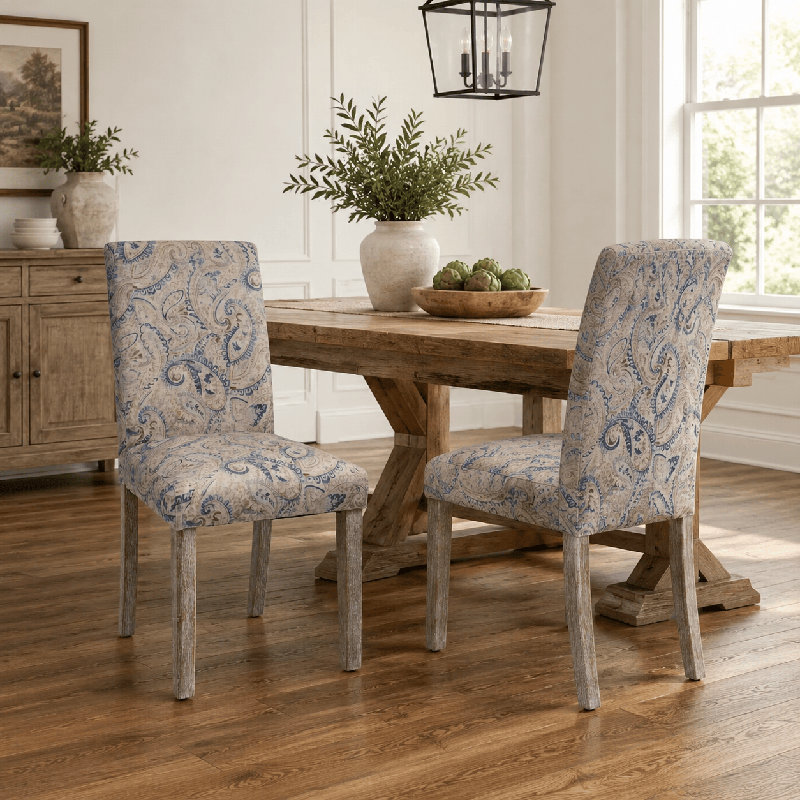 Lot de 2 chaises de salle à manger rembourrées, style chaises d'appoint, pour cuisine ou salon, avec pieds en bois massif et revêtement en tissu mélangé en lin.