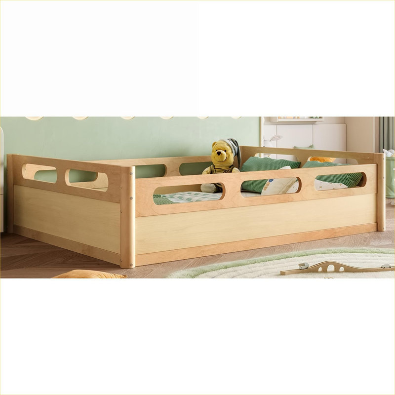 Lit plateforme moderne minimaliste pleine grandeur avec garde-corps pleine longueur, aucun sommier nécessaire, naturel chaud
