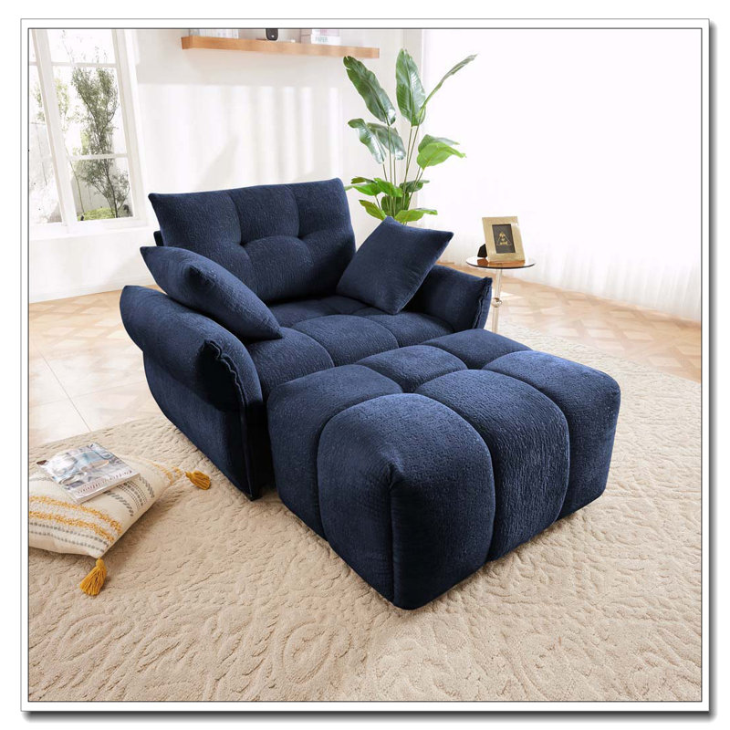 Chaise en tissu d'ameublement avec repose-pieds Chenille, Oui, Bleu