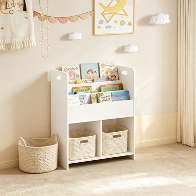 Kids Bookshelf, 2-In-1 Children Sling Bookcase With Shelves And 3 Different Size Cubes, Wooden Toy Storage Cabinet Organizer For Kids Room, Bedroom, N