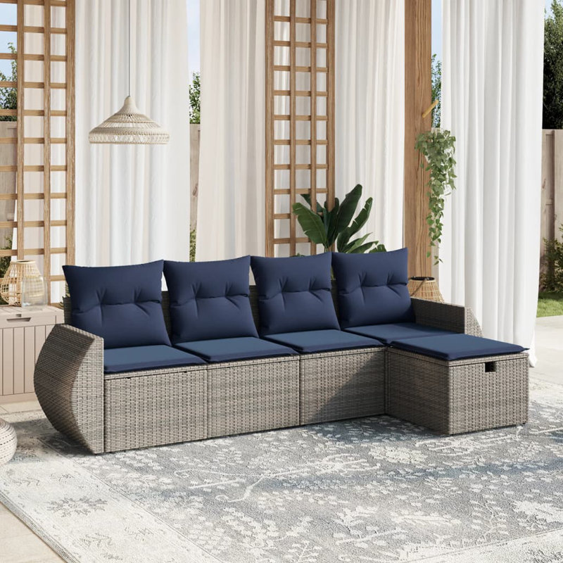 6 Piece Patio Sofa Set With Cushions Poly Rattan, Navy Blue Cushion/Gray Frame