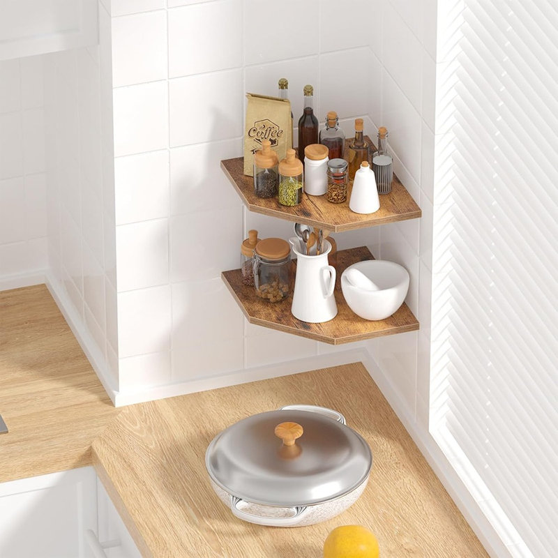 Ensemble de 2 étagères de coin flottantes brun rouille – Tablettes murales modernes en bois pour le rangement et la présentation