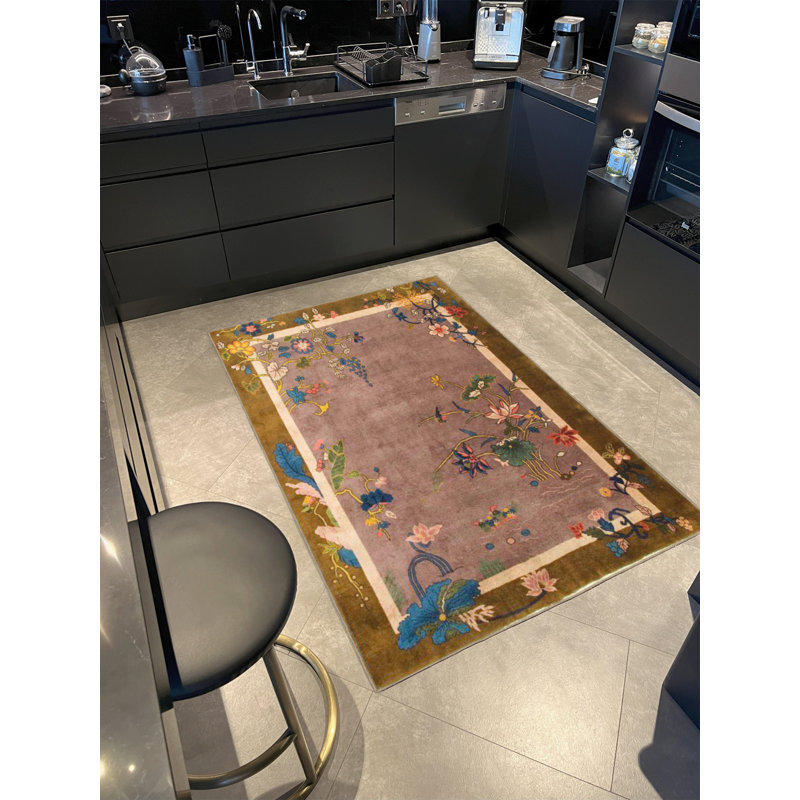 Floral Brown Woven Base Decorative Carpet, Rectangle 3'4" x 6'7"
