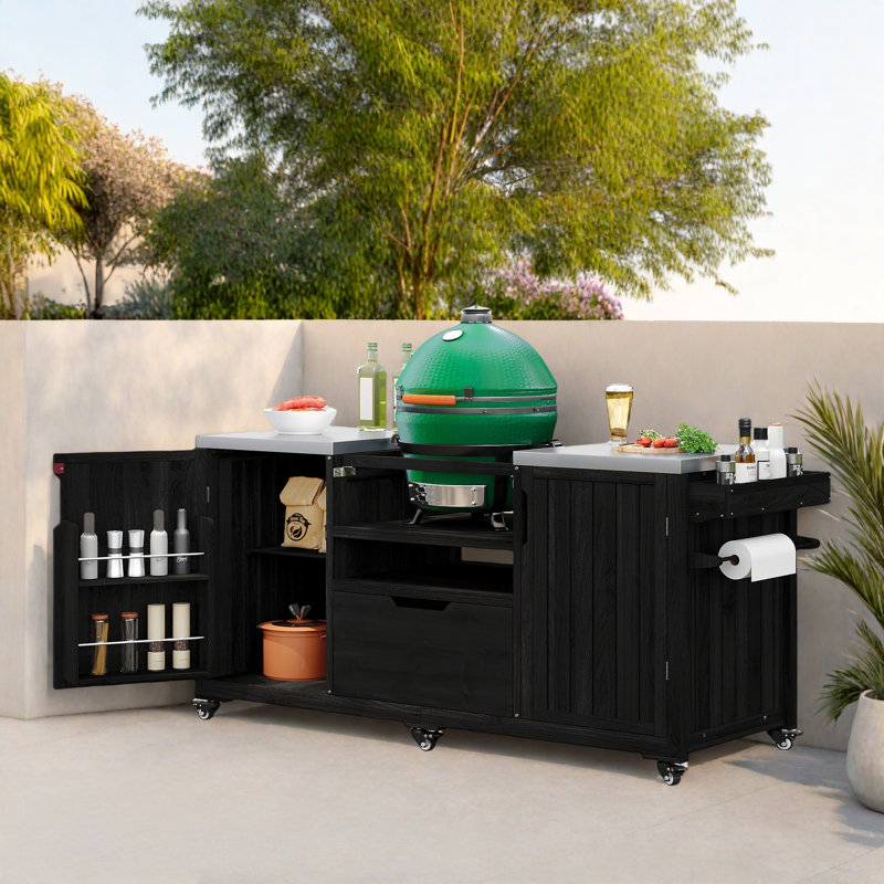 Outdoor Kitchen Island With Stainless Steel Top, Drawer And 2 Cabinets